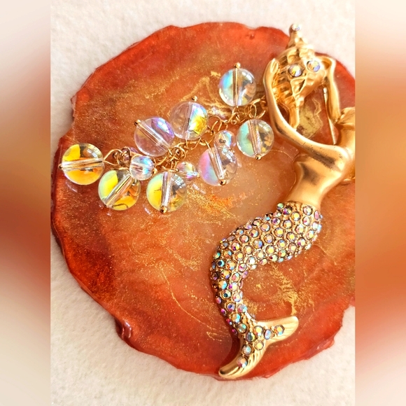 Vintage Kirk's Folly Oceana Gold Aurora Borealis Crystals Mermaid Brooch Dangle - Picture 5 of 15